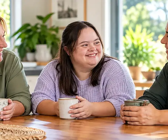 A participant, family carer and support worker chatting together at home.