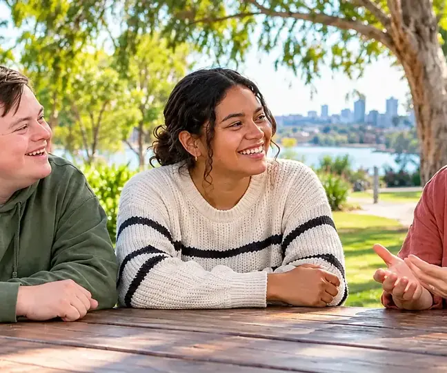 Two young adults talking with a support worker at a picnic table in a park.