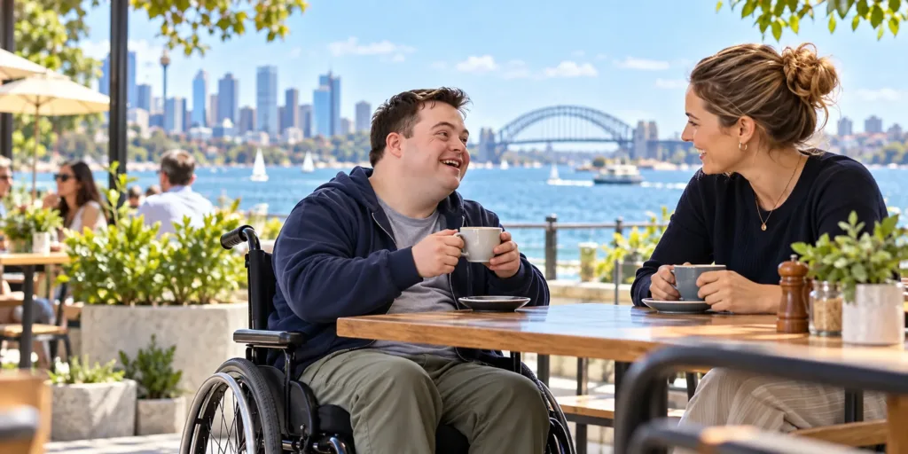 A participant and support worker chatting over coffee at a waterfront café